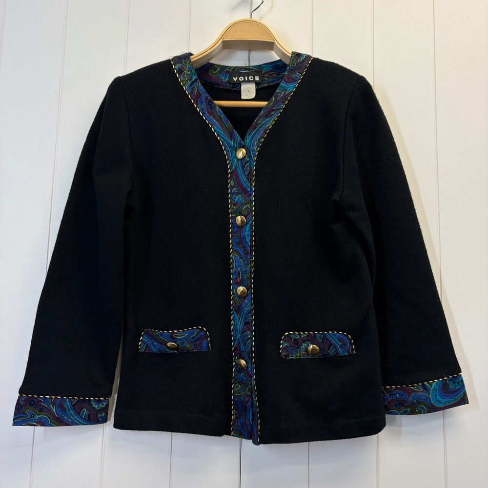 Vintage Voice 80s 90s Eclectic Cardigan Sweater Women Medium Metallic Artsy